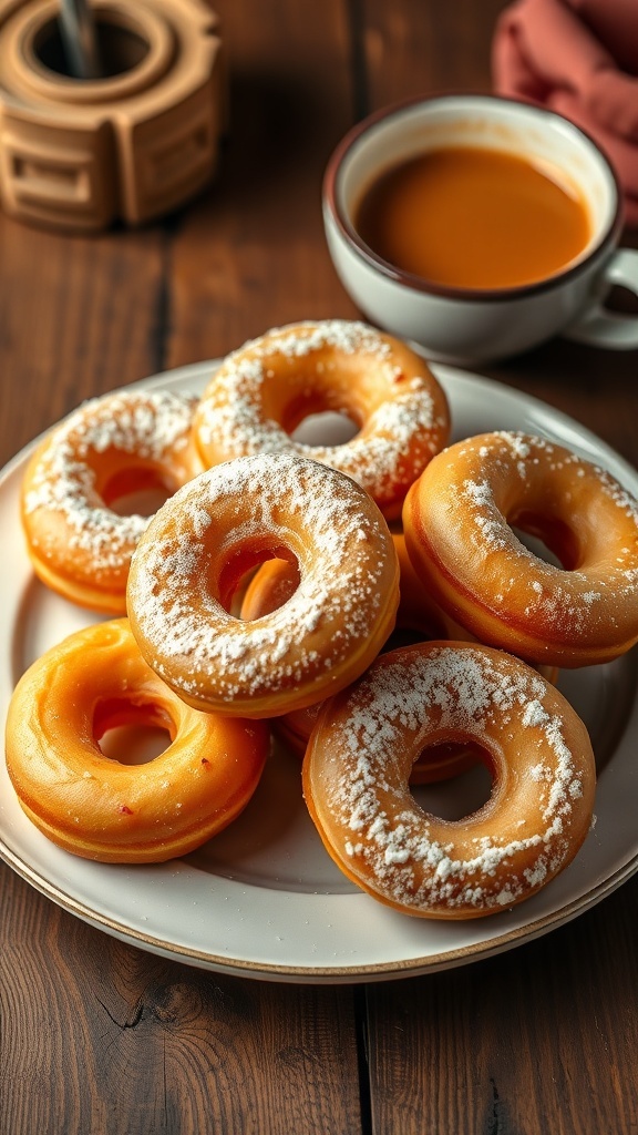 A plate of golden figure 8 donuts dusted with powdered sugar on a rustic wooden table.